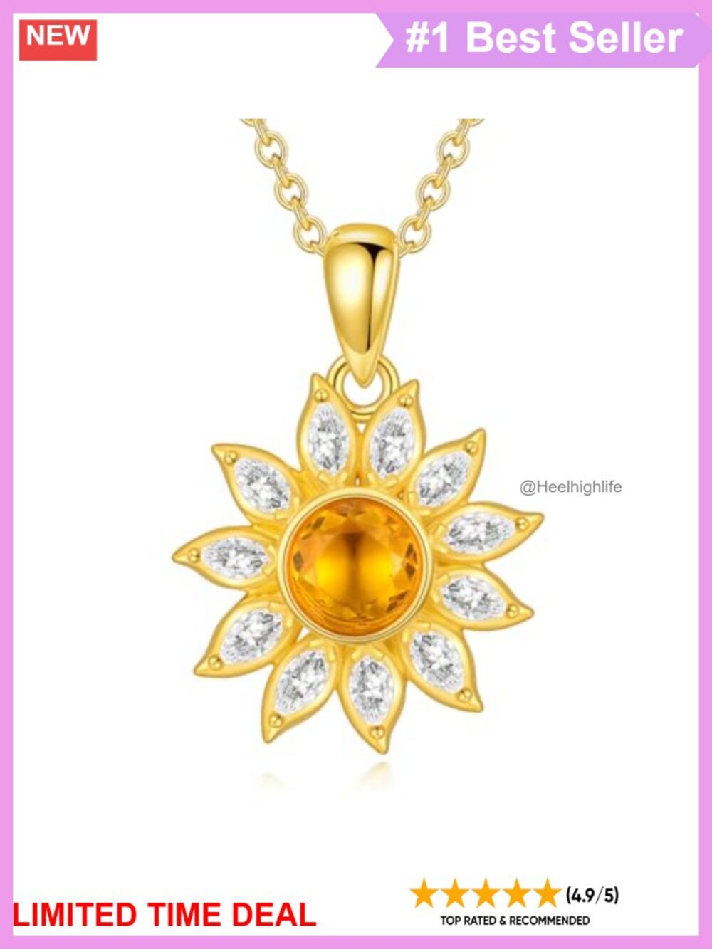 Natural Citrine Gold Plated Sunflower Pendant Necklace 925 Sterling Silver 18in